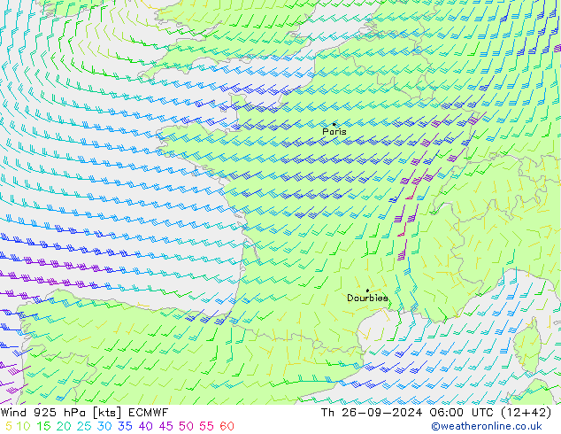 wiatr 925 hPa ECMWF czw. 26.09.2024 06 UTC