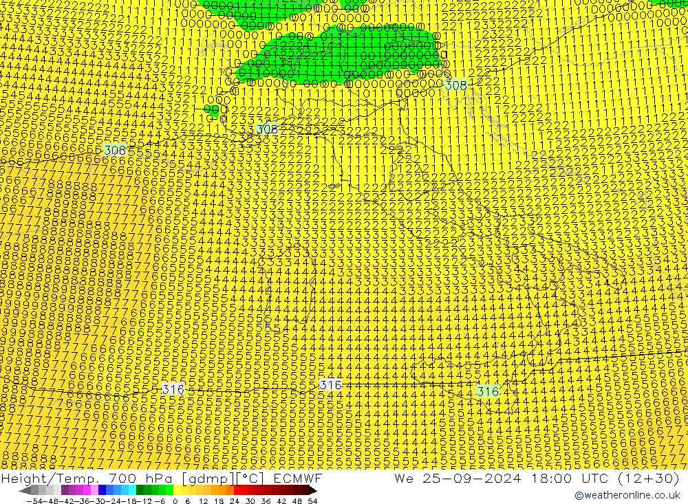 Height/Temp. 700 hPa ECMWF We 25.09.2024 18 UTC