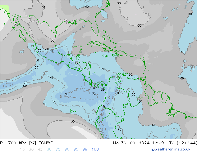 RH 700 hPa ECMWF Mo 30.09.2024 12 UTC