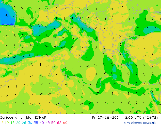 Viento 10 m ECMWF vie 27.09.2024 18 UTC