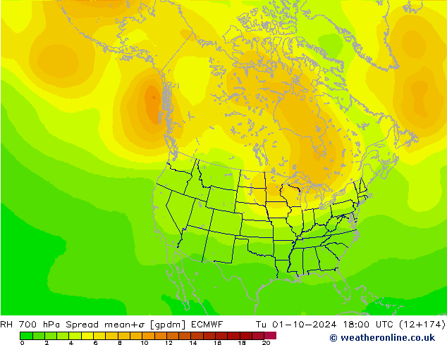 Humidité rel. 700 hPa Spread ECMWF mar 01.10.2024 18 UTC