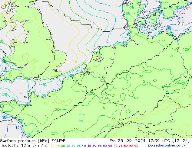 Isotachen (km/h) ECMWF wo 25.09.2024 12 UTC