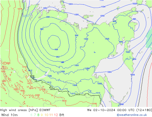 High wind areas ECMWF ср 02.10.2024 00 UTC