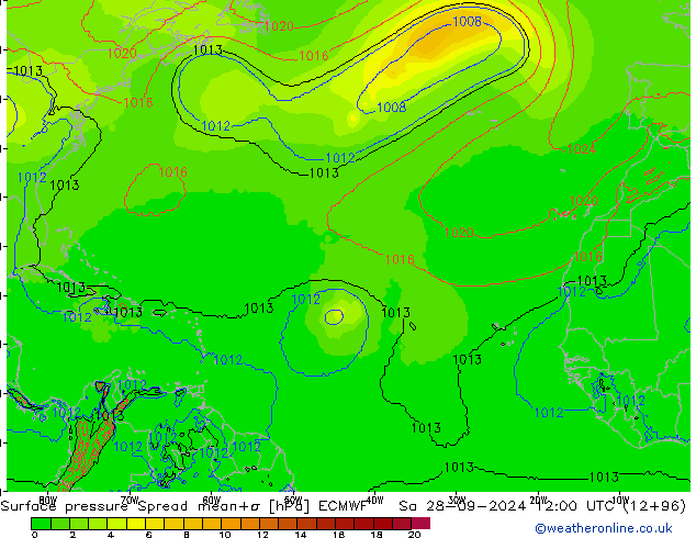 Surface pressure Spread ECMWF Sa 28.09.2024 12 UTC