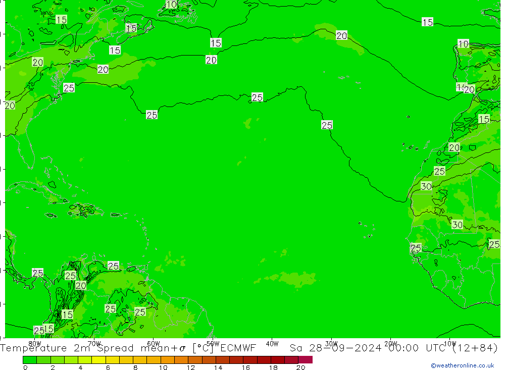 Temperature 2m Spread ECMWF Sa 28.09.2024 00 UTC