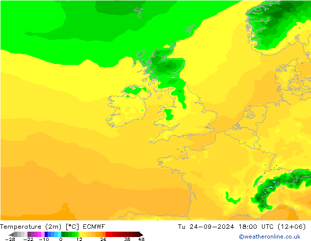 Temperatuurkaart (2m) ECMWF di 24.09.2024 18 UTC