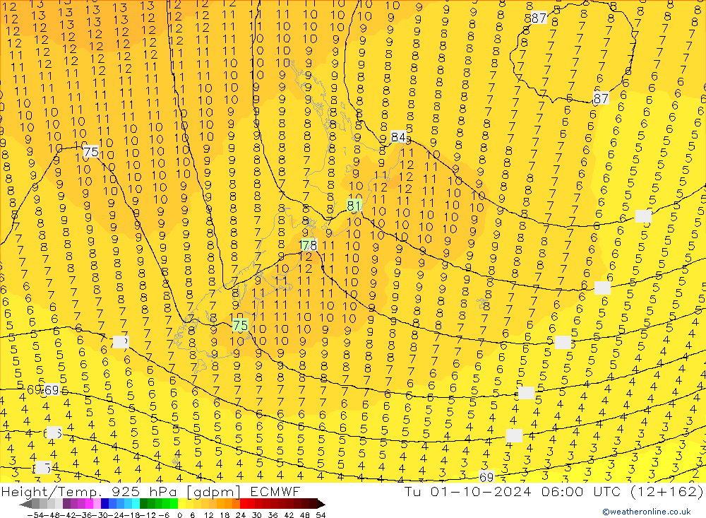 Height/Temp. 925 hPa ECMWF wto. 01.10.2024 06 UTC