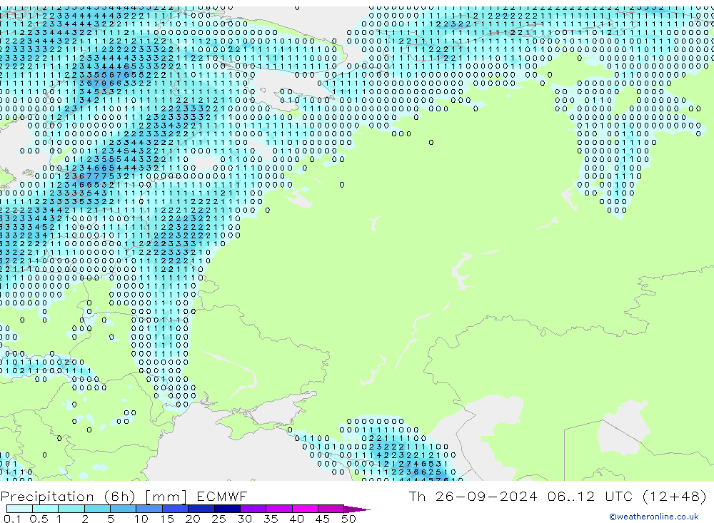 Totale neerslag (6h) ECMWF do 26.09.2024 12 UTC