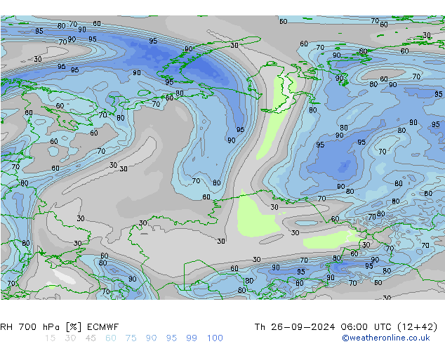 RH 700 гПа ECMWF чт 26.09.2024 06 UTC