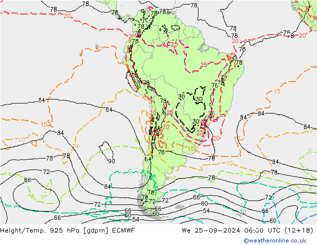 Hoogte/Temp. 925 hPa ECMWF wo 25.09.2024 06 UTC