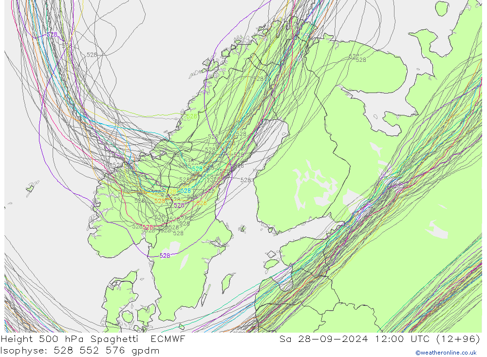 Height 500 hPa Spaghetti ECMWF Sa 28.09.2024 12 UTC