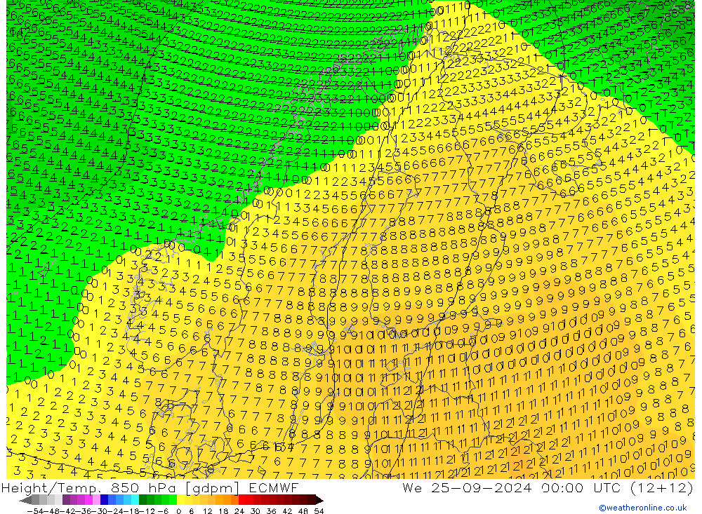 Géop./Temp. 850 hPa ECMWF mer 25.09.2024 00 UTC