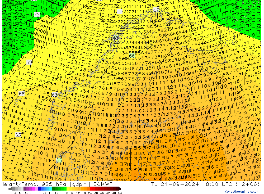 Height/Temp. 925 hPa ECMWF Di 24.09.2024 18 UTC