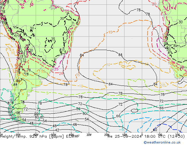 Height/Temp. 925 hPa ECMWF Qua 25.09.2024 18 UTC