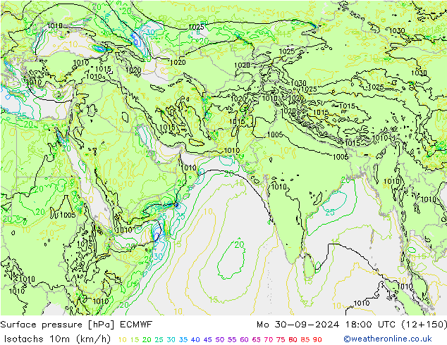 Isotachs (kph) ECMWF  30.09.2024 18 UTC