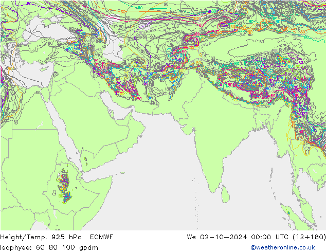 Height/Temp. 925 hPa ECMWF We 02.10.2024 00 UTC