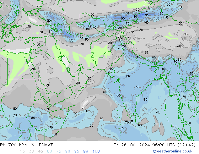 RH 700 hPa ECMWF czw. 26.09.2024 06 UTC