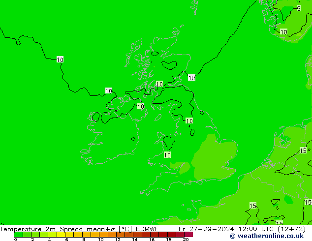 Temperature 2m Spread ECMWF Fr 27.09.2024 12 UTC