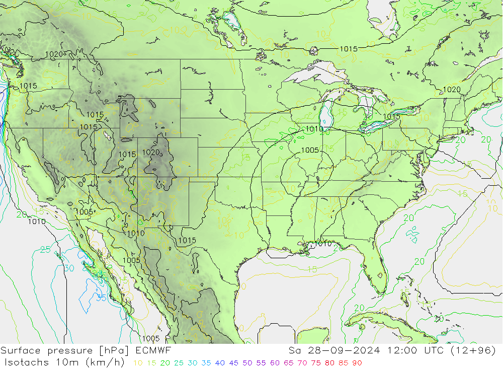 Isotachs (kph) ECMWF Sáb 28.09.2024 12 UTC