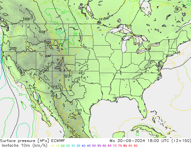 Isotachs (kph) ECMWF  30.09.2024 18 UTC