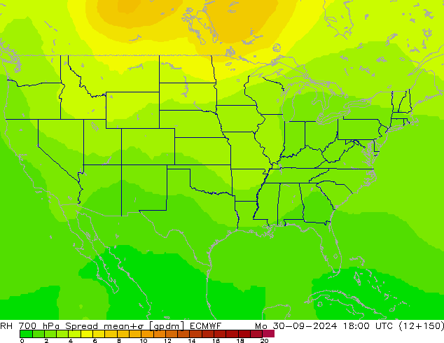 RH 700 hPa Spread ECMWF pon. 30.09.2024 18 UTC