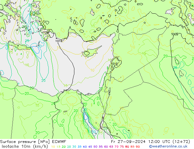 Isotachs (kph) ECMWF Fr 27.09.2024 12 UTC