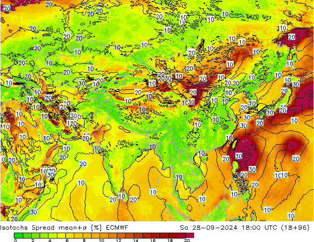 Isotachs Spread ECMWF sab 28.09.2024 18 UTC