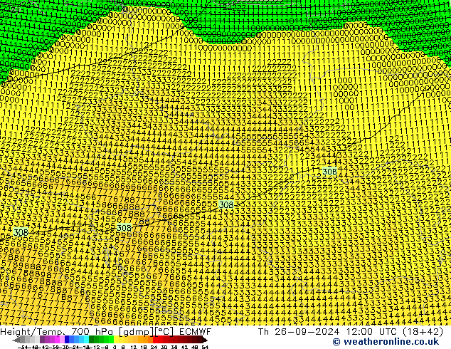 Height/Temp. 700 гПа ECMWF чт 26.09.2024 12 UTC