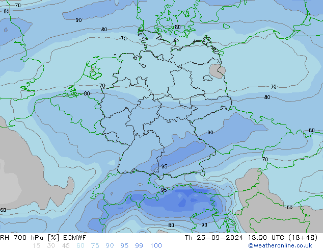 RH 700 hPa ECMWF Th 26.09.2024 18 UTC