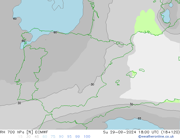 RH 700 hPa ECMWF Su 29.09.2024 18 UTC