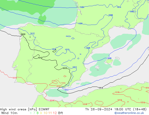 High wind areas ECMWF  26.09.2024 18 UTC