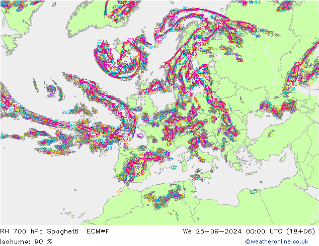 RH 700 гПа Spaghetti ECMWF ср 25.09.2024 00 UTC