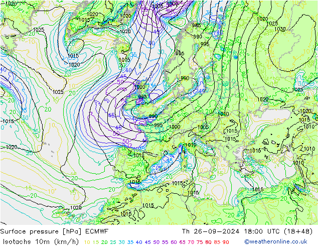 Eşrüzgar Hızları (km/sa) ECMWF Per 26.09.2024 18 UTC