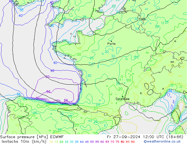 Isotachs (kph) ECMWF ven 27.09.2024 12 UTC