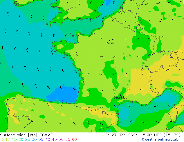 Surface wind ECMWF Fr 27.09.2024 18 UTC