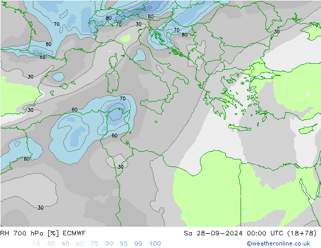 RH 700 гПа ECMWF сб 28.09.2024 00 UTC