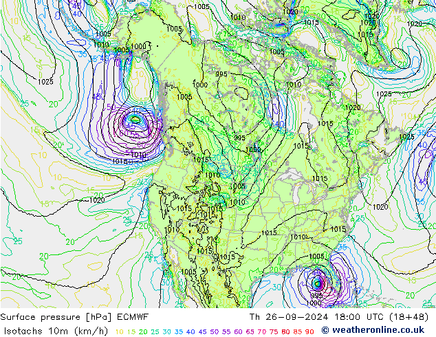 Isotachs (kph) ECMWF gio 26.09.2024 18 UTC