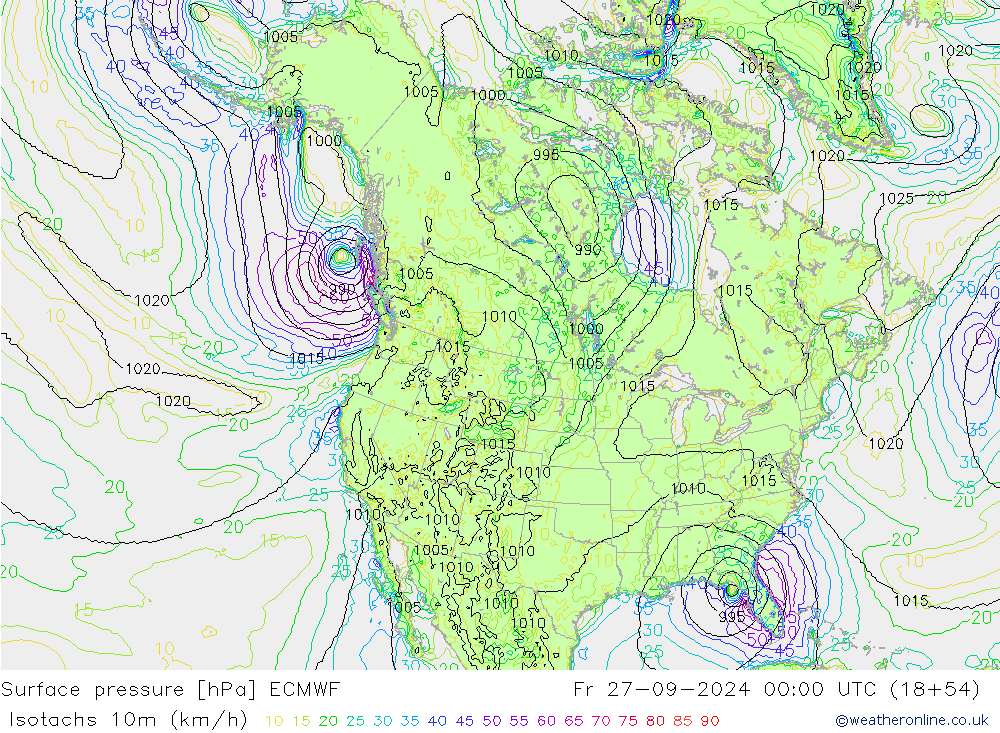 Isotachen (km/h) ECMWF vr 27.09.2024 00 UTC