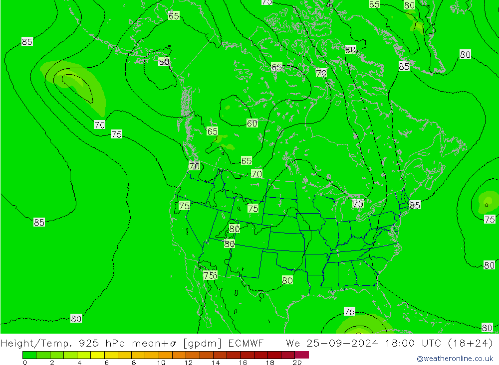 Height/Temp. 925 hPa ECMWF We 25.09.2024 18 UTC