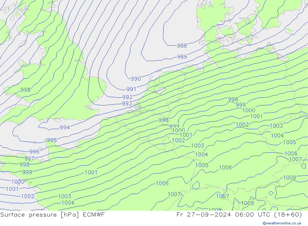 Presión superficial ECMWF vie 27.09.2024 06 UTC