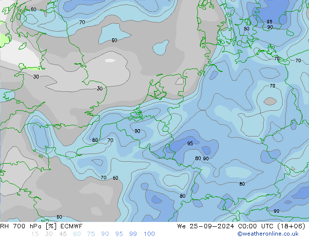 Humidité rel. 700 hPa ECMWF mer 25.09.2024 00 UTC