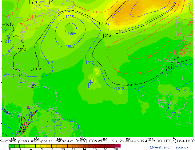 Luchtdruk op zeeniveau Spread ECMWF zo 29.09.2024 18 UTC