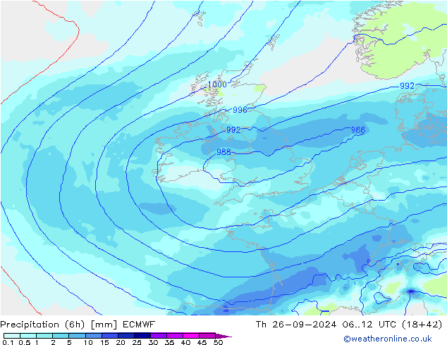 Totale neerslag (6h) ECMWF do 26.09.2024 12 UTC