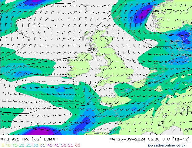 Vento 925 hPa ECMWF mer 25.09.2024 06 UTC