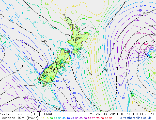 Isotachs (kph) ECMWF We 25.09.2024 18 UTC