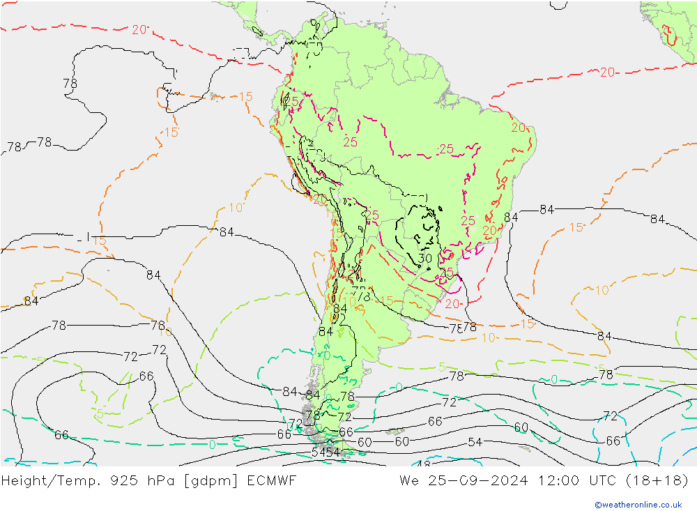 Hoogte/Temp. 925 hPa ECMWF wo 25.09.2024 12 UTC