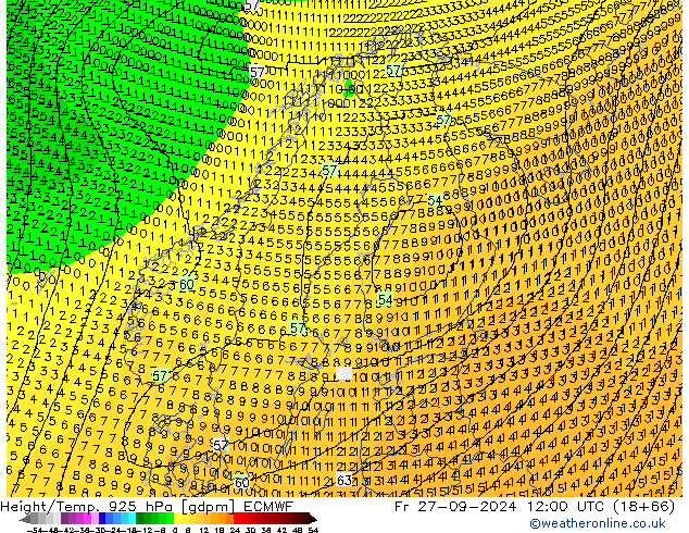 Height/Temp. 925 hPa ECMWF Fr 27.09.2024 12 UTC