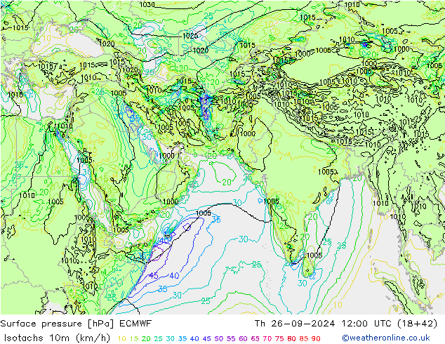 Izotacha (km/godz) ECMWF czw. 26.09.2024 12 UTC