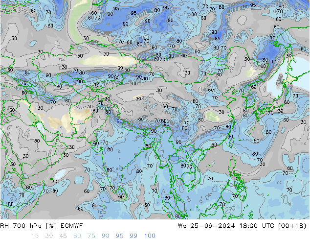 RH 700 hPa ECMWF We 25.09.2024 18 UTC