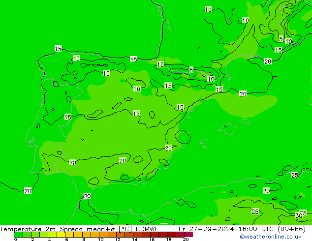 Temperatura 2m Spread ECMWF vie 27.09.2024 18 UTC